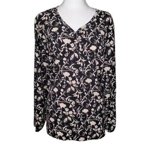 Christopher & Banks Long Sleeve Floral Blouse Cream & Black V-Neck Pullover Sz L